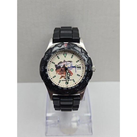 Guy Harvey Fish Dial Quartz New Battery 10 ATM Date Diver Black Bezel Band Watch - Picture 1 of 11